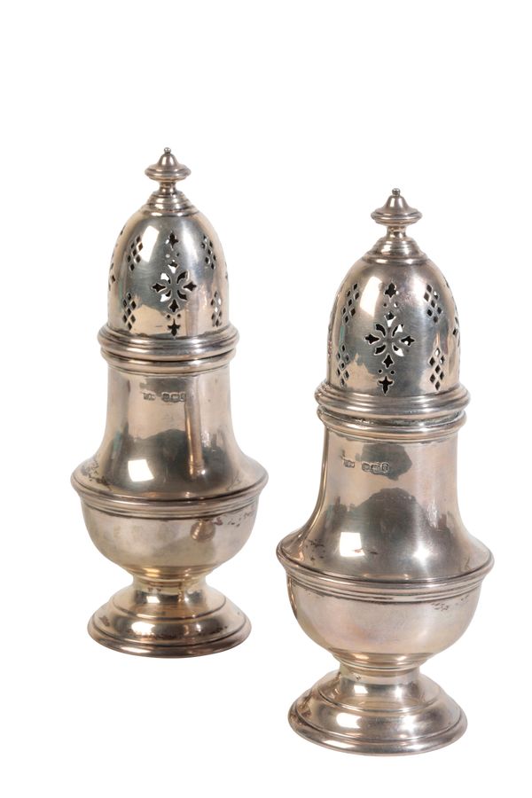 A PAIR OF SILVER SUGAR CASTERS BY MAPPIN & WEBB,