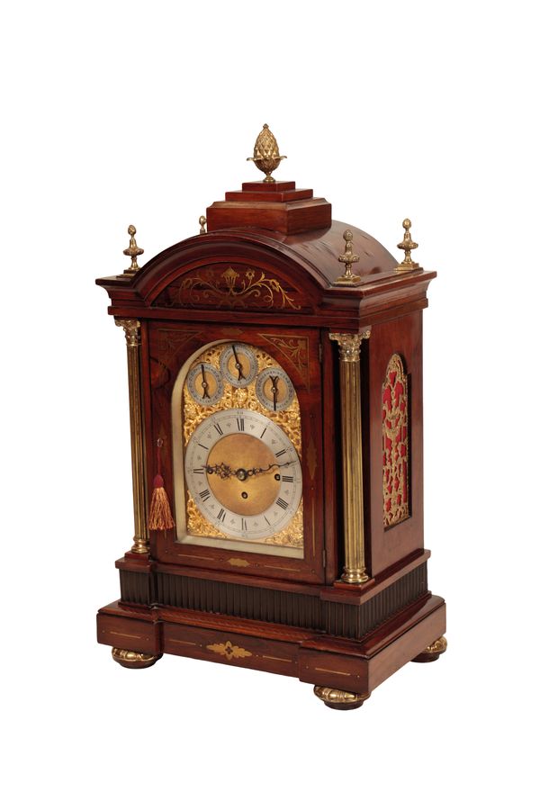 A VICTORIAN ROSEWOOD BRASS INLAID BOARDROOM BRACKET CLOCK