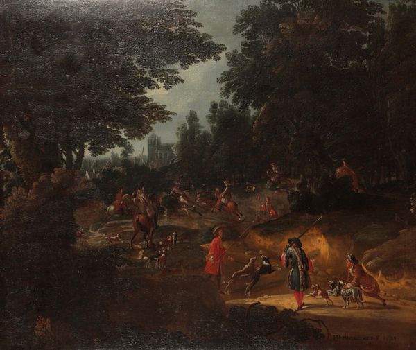 JAN BAPTISTE VAN MEUNINCXHOVE  (c.1620 – c.1704)  A hunting scene in an extensive landscape