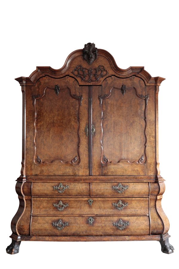 A DUTCH BURR WALNUT BAROQUE ARMOIRE,