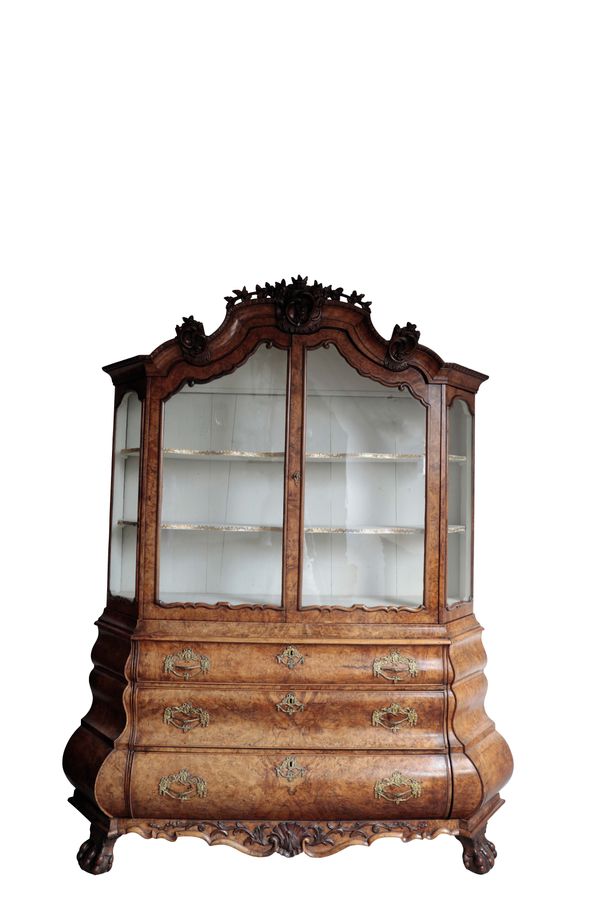 A FINE DUTCH BURR WALNUT GLAZED CABINET ON CHEST,