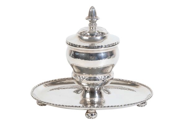 A DANISH SILVER INKWELL AND STAND BY GEORG JENSEN