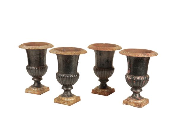 A SET OF FOUR BLACK PAINTED CAST IRON URNS,