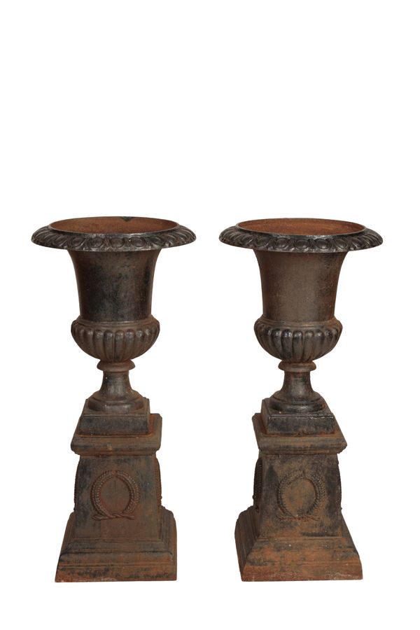 A PAIR OF BLACK PAINTED CAST IRON GARDEN URNS ON PLINTHS,