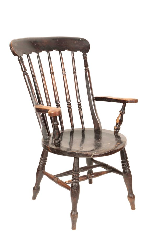 AN EBONISED OAK AND ELM WINDSOR ARMCHAIR,