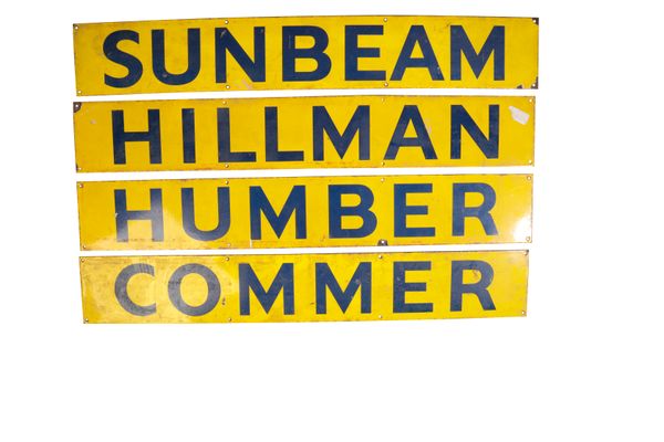 FOUR ENAMEL SIGNS WITH CAR MAKES