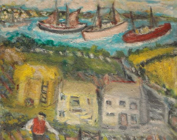 * MARY JEWELS (1886-1977) Figure before cottages with three large fishing boats and the sea beyond