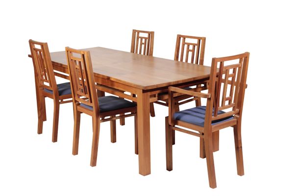 A CONTEMPORARY DORSET CHERRYWOOD DINING TABLE AND TEN CHAIRS, BY JOHN WRIGHT,