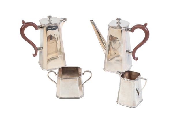 AN ART DECO SILVER FOUR PIECE TEA AND COFFEE SERVICE BY CHARLES PERRY & CO.