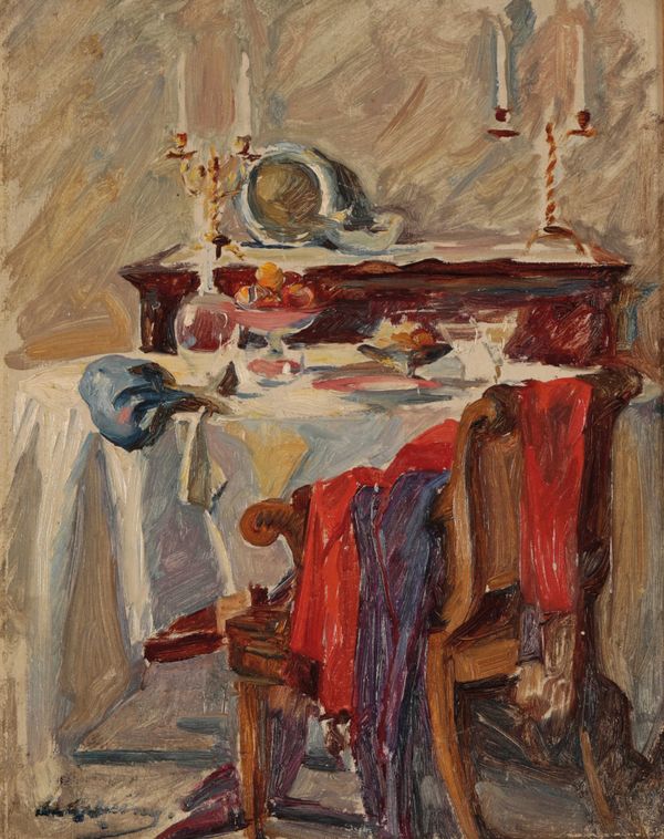 ENGLISH SCHOOL, 20TH CENTURY Interior scene with clothes draped over a chair
