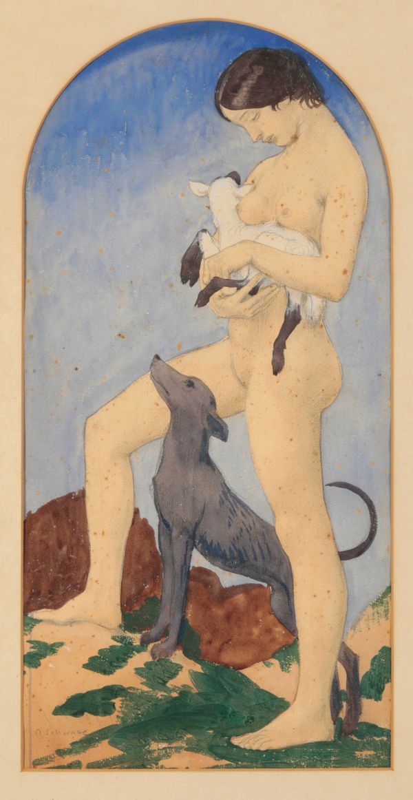 RANDOLPH SCHWABE (1885-1948) Full-length study of a nude girl cradling a lamb in her arms