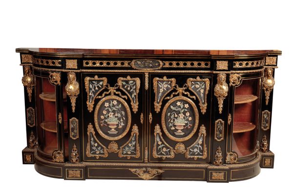 AN ITALIAN, PROBABLY FLORENTINE CARVED HARDSTONE AND GILT METAL MOUNTED EBONISED WOOD CREDENZA,