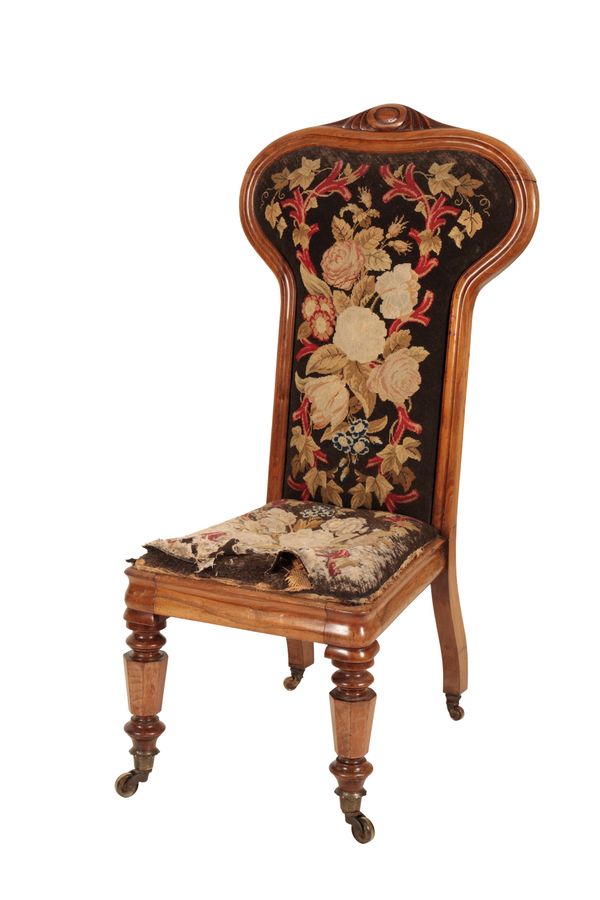 A VICTORIAN WALNUT AND TAPESTRY UPHOLSTERED PRIE DIEU CHAIR IN REFORMED GOTHIC STYLE