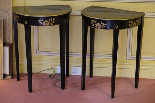A PAIR OF REGENCY STYLE BLACK AND GILT LACQUER SIDE TABLES