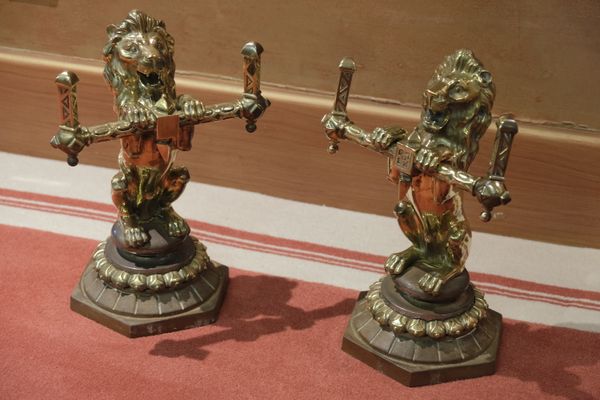 A PAIR OF VICTORIAN LION ANDIRONS