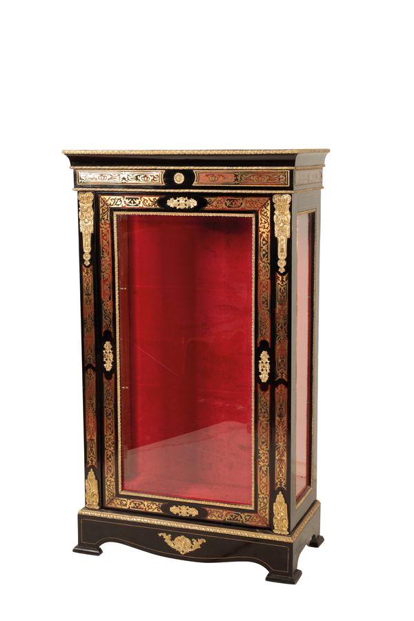 AN EBONISED WOOD AND BOULLE WORKED VITRINE,