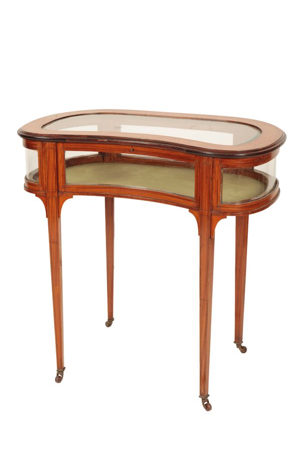 AN EDWARDIAN SATINWOOD, MARQUETRY AND GLAZED BIJOUTERIE TABLE,