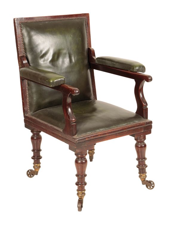 A GEORGE IV OR WILLIAM IV STAINED HARDWOOD AND UPHOLSTERED CAMPAIGN ELBOW CHAIR,