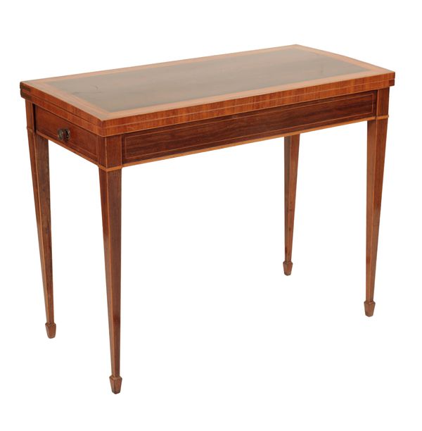 A ROSEWOOD AND SATINWOOD BANDED FOLDING CARD TABLE IN GEORGE III STYLE,