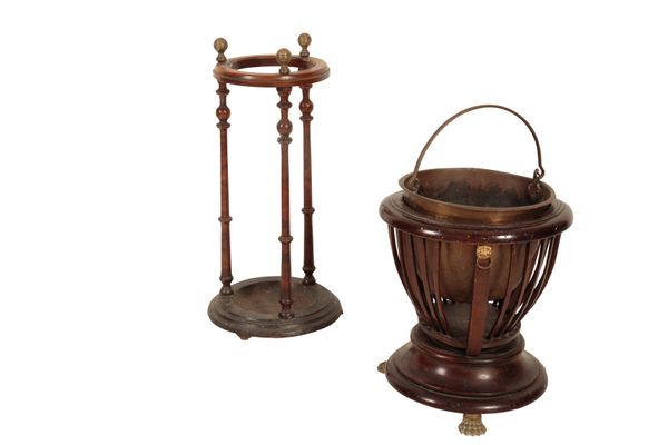 A VICTORIAN MAHOGANY, BRASS AND CAST IRON MOUNTED STICK STAND,