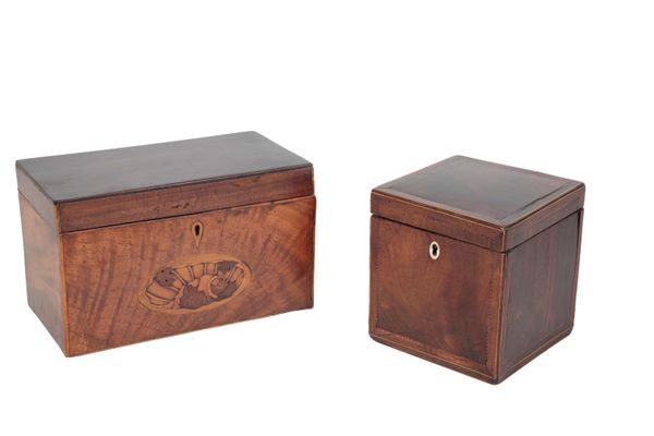 TWO GEORGE III MAHOGANY TEA CADDIES,