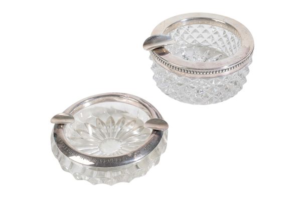A GERMAN CUT GLASS AND SILVER COLOURED MOUNTED ASHTRAY BY HERMANN BAUER,