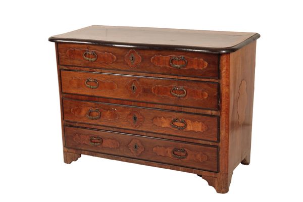 A CONTINENTAL WALNUT AND CROSSBANDED CHEST OF DRAWERS,