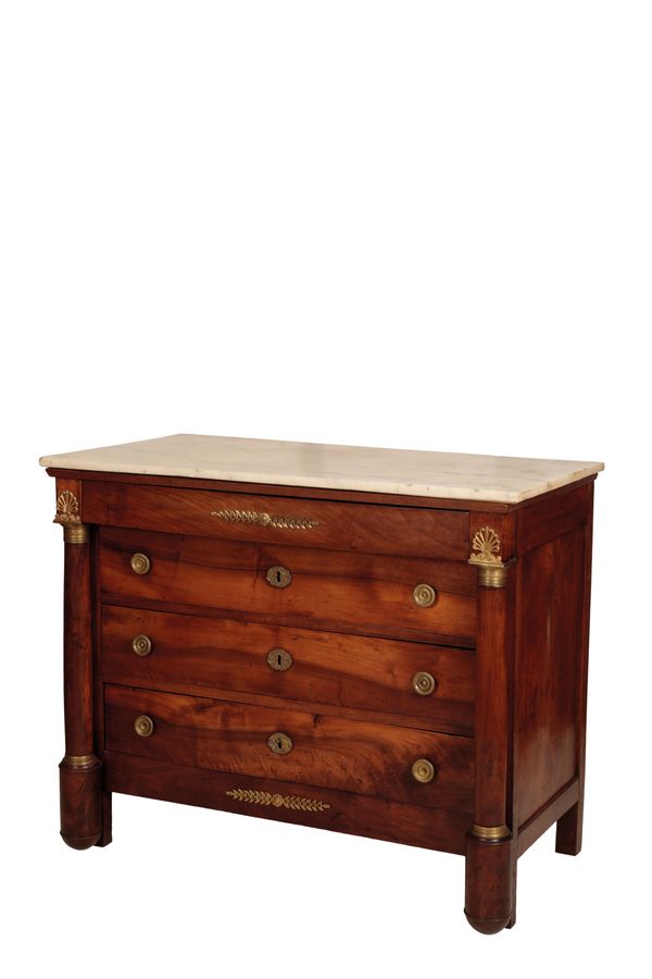 AN EMPIRE CHERRY WOOD, GILT BRONZE MOUNTED AND MARBLE TOPPED COMMODE,