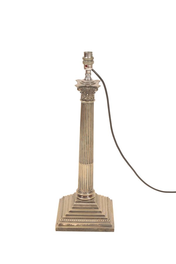 A SILVER PLATED METAL COLUMNAR TABLE LAMP,