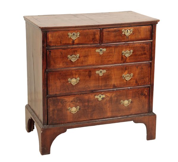 A GEORGE II WALNUT AND CROSSBANDED CHEST OF DRAWERS,