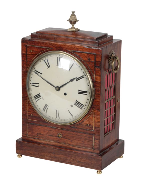 A REGENCY ROSEWOOD AND BRASS INLAID BRACKET CLOCK