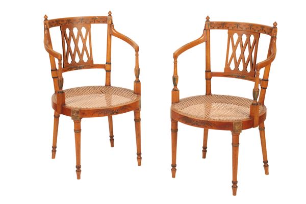 A PAIR OF LATE VICTORIAN /EDWARDIAN PAINTED SATINWOOD ELBOW CHAIRS IN SHERATON STYLE,