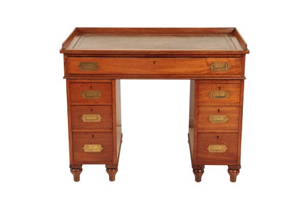 A STAINED HARDWOOD AND GILT TOOLED LEATHER INSET CAMPAIGN DESK,