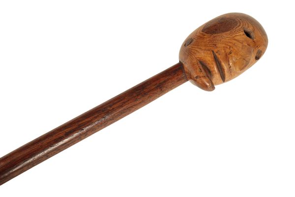 A CARVED ELM AND OAK WALKING STICK,