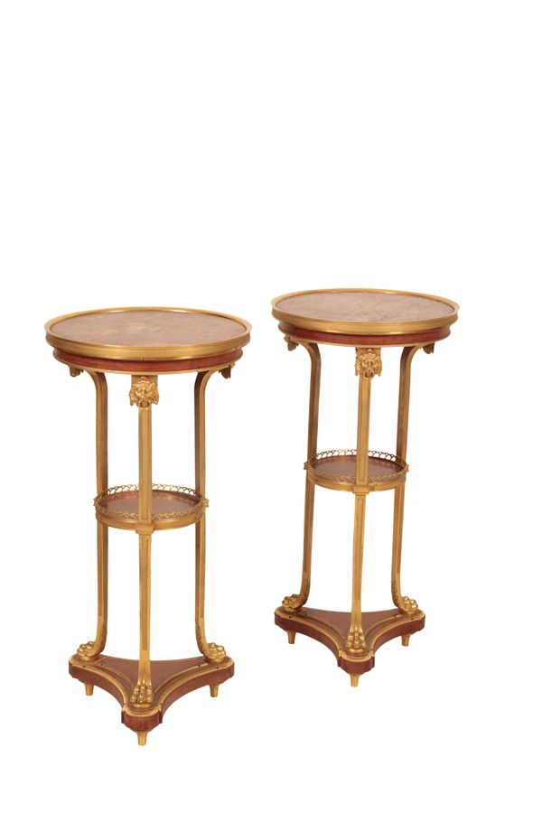 A PAIR OF FRENCH BROCATELLO MARBLE, BURR WALNUT AND GILT BRONZE MOUNTED GUERIDONS IN LOUIS XVI STYLE,