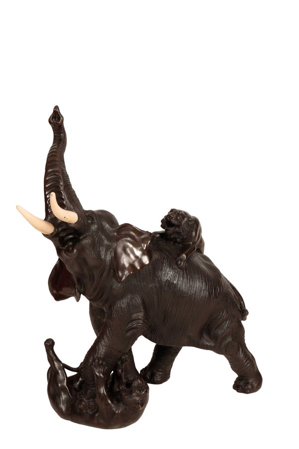 LARGE JAPANESE BRONZE FIGURE OF AN ELEPHANT GROUP, GENRYUSAI SEIYA