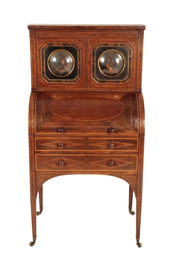 A GEORGE IV ROSEWOOD, AMBOYNA, AND SATINWOOD STRUNG CYLINDER SECRETAIRE,