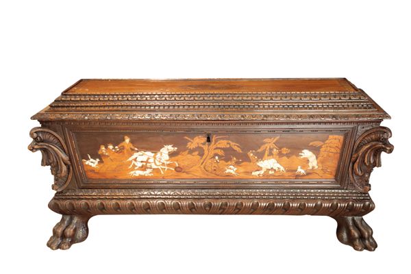 A SUBSTANTIAL AND IMPRESSIVE WALNUT AND MARQUETRY COFFER, PROBABLY  AUSTRIAN,