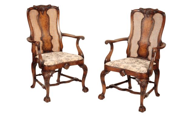 A PAIR OF WALNUT ELBOW CHAIRS IN QUEEN ANNE STYLE,