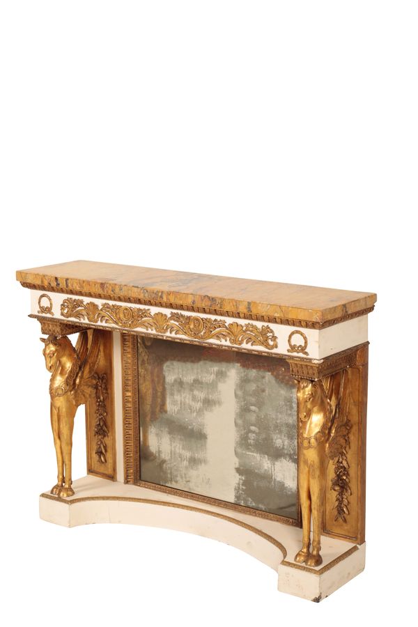 AN ITALIAN MARBLE TOPPED, PAINTED AND PARCEL GILTWOOD CONSOLE TABLE,