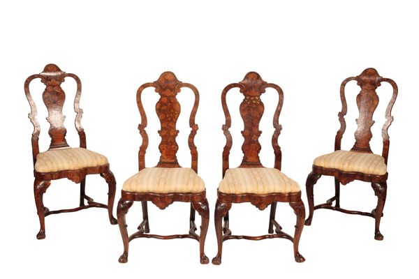 A SET OF FOUR QUEEN ANNE WALNUT AND MARQUETRY SIDE CHAIRS,