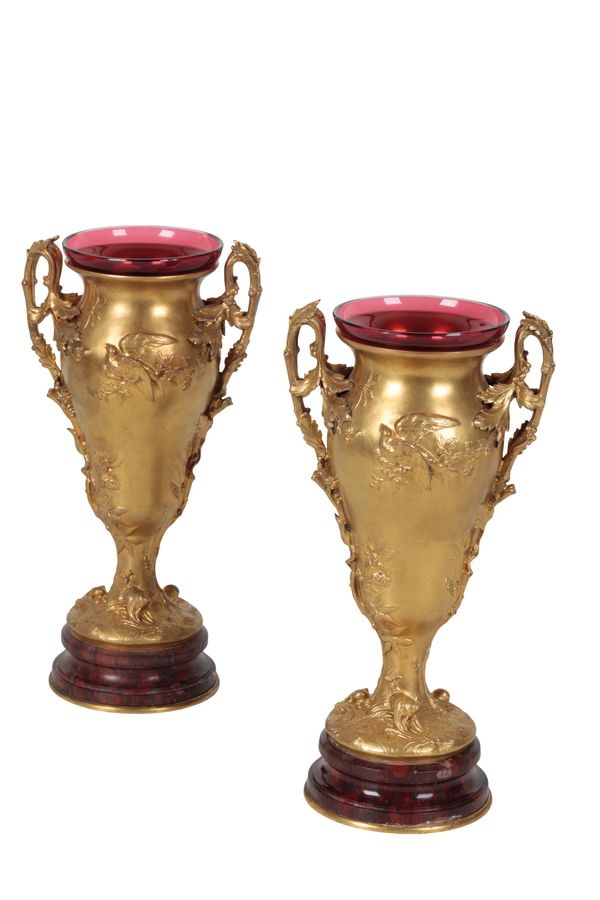 A PAIR OF FRENCH GILT BRONZE VASES,