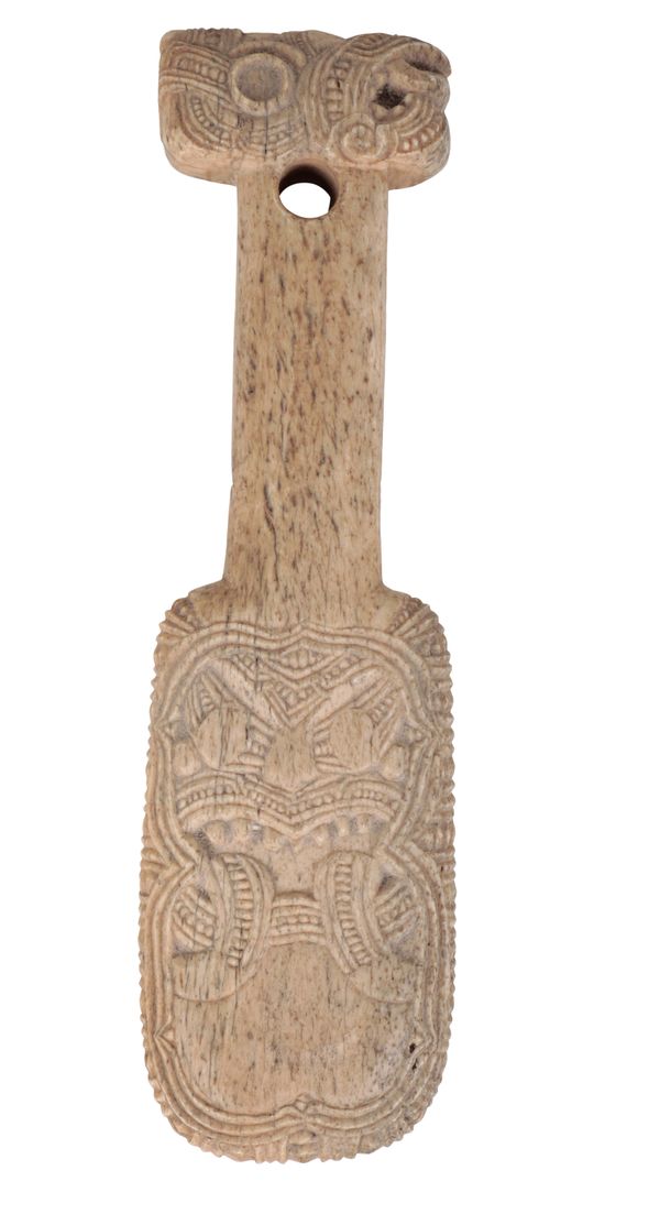 A MAORI CARVED WHALEBONE WAHAIKA HANDCLUB,