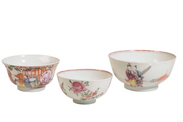 THREE CHINESE EXPORT FAMILLE ROSE BOWLS, QING DYNASTY, 18TH CENTURY