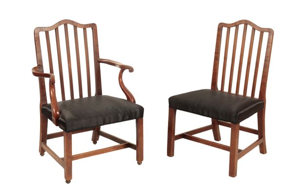 A SET OF TEN GEORGE III MAHOGANY AND UPHOLSTERED DINING CHAIRS,