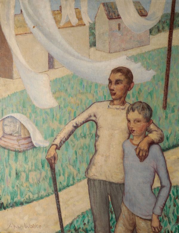 * ANNIE WALKE (1877-1965) Two young boys walking beneath a washing line in a landscape