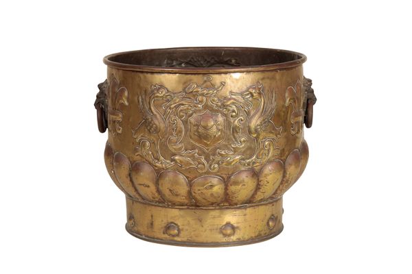 A DUTCH OR FLEMISH GILT REPOUSSE COPPER LOG BIN IN 17TH CENTURY STYLE,