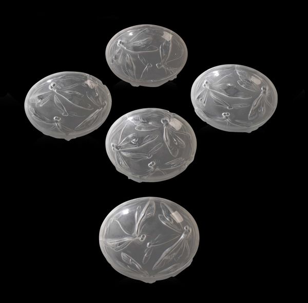 A SET OF FIVE FROSTED GLASS SALTS