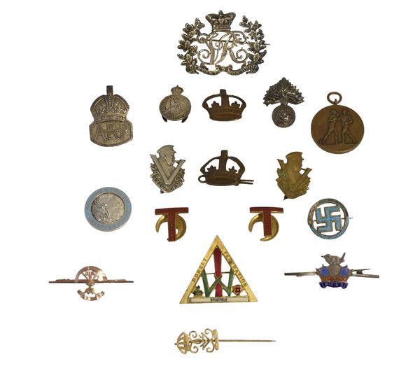 A COLLECTION OF VARIOUS MILITARY BADGES AND TIE PINS