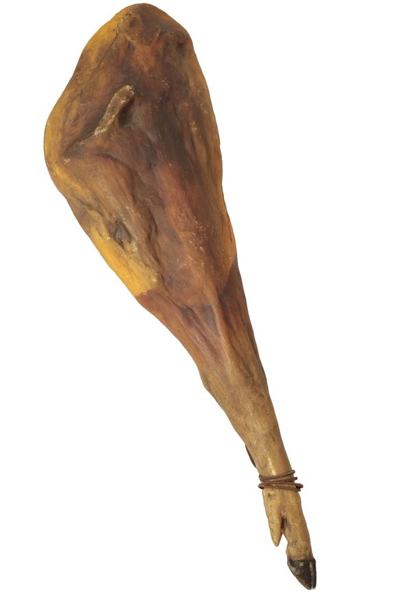 A WAX MODEL OF A HANGING LEG OF LAMB,